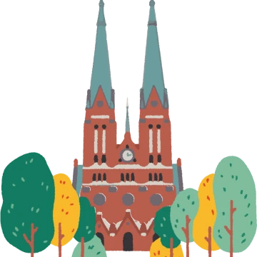 Illustration. The front part of Skien church, with trees on both fronts.